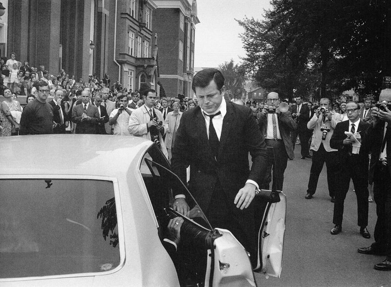 Edward Kennedy arriving for Mary Jo Kopechne’s funeral, Plymouth, PA, 1969....